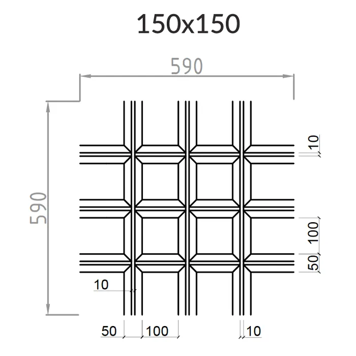 Подвесной металлический потолок Грильято Пирамидальный ячейка 150х150мм, высота 42.5 мм